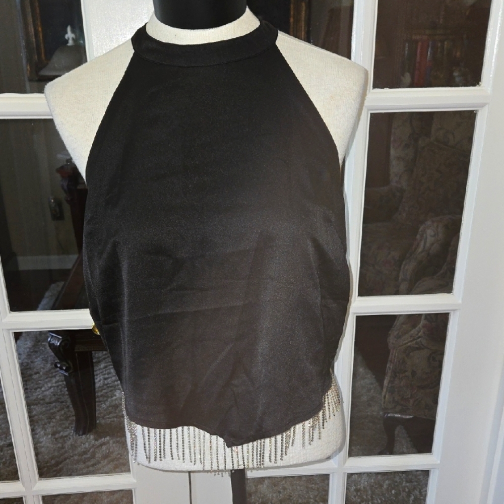 Elegant blueb. black halter top with Rhinestone Fringe Hemline Lined Large NEW